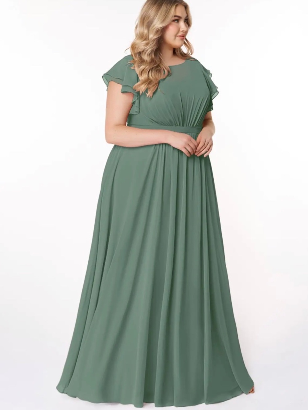 Azazie Daphne A-Line Ruffled Chiffon Floor-Length Bridesmaid Dress in Eucalyptus - Picture 12 of 14